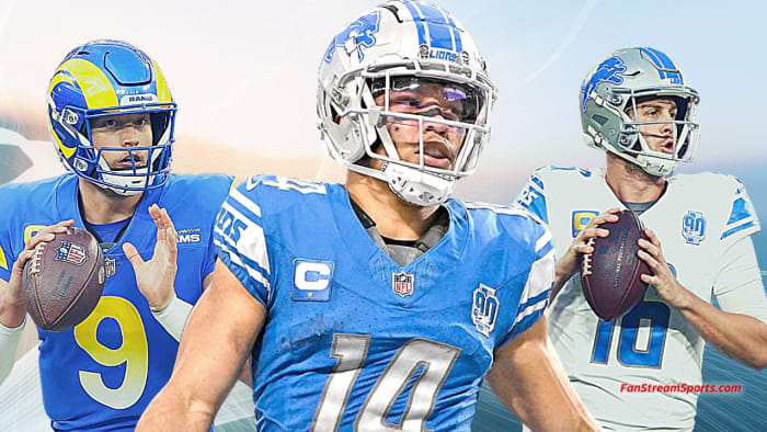 Los Angeles Rams quarterback Matthew Stafford (9), Detroit Lions receiver Amon-Ra St. Brown (14), and quarterback Jared Goff (16)